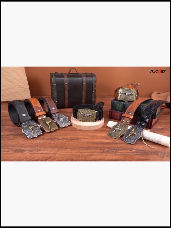Western Leather Belt Detachable Buckle Retro Cowboy Style Adjustable Fit